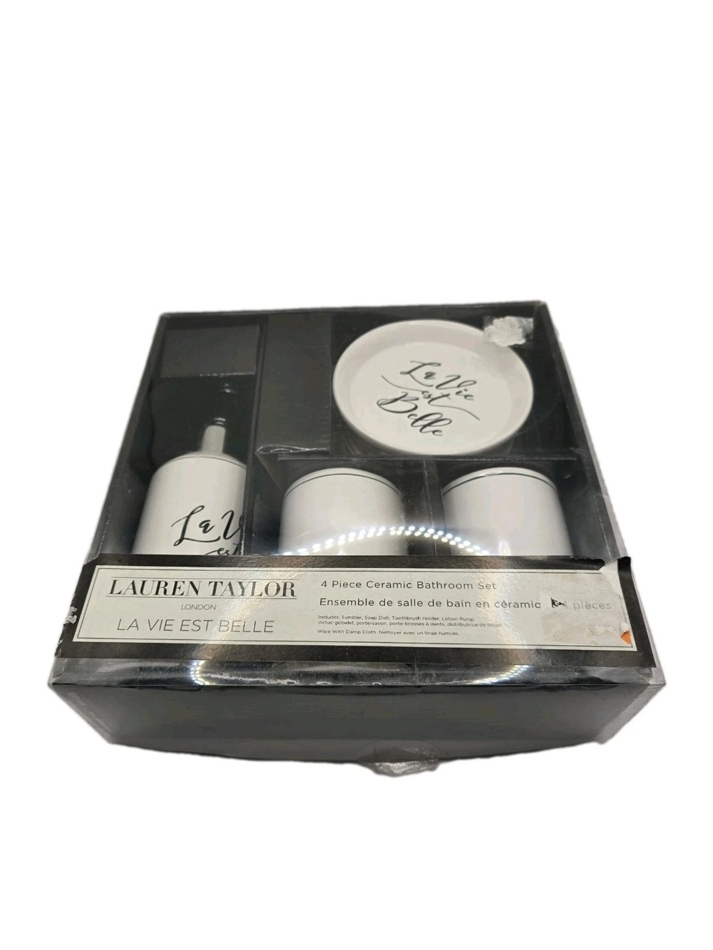 La Vie Est Belle White Ceramic 4-Piece Bathroom Set By Lauren Taylor LONDON